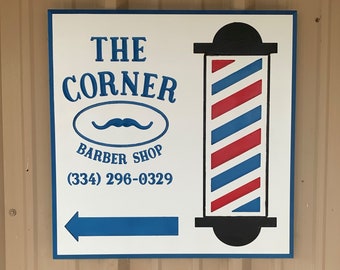 Engraved Barber Shop Sign 23” x 23” with Barber Pole and Shop Name - Blue and White available in  Wood or HDU.