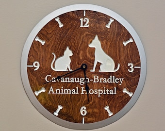 Style 1301 | Engraved Custom Wood Veterinary Wall Clock | 13.25 Round | Wall Mounted | Large Size, Customizable | Wood