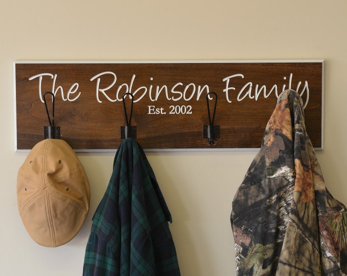 Carved Wood Custom Coat, Hat or Towel Rack | 31” x 9” | Large Size | One Line Customizable | Painted or Stained