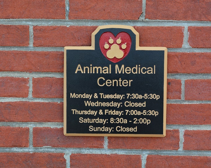 Style 1201 | Engraved Vet Office Hours Sign |  11.5” high x 10.5” | Custom text & graphics | Painted | multiple color choices | All Weather