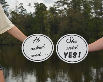 We are GETTING MARRIED!  | Pair Custom Carved Wood Marriage Proposal Signs | Hand Held | 11” circle | Two color options