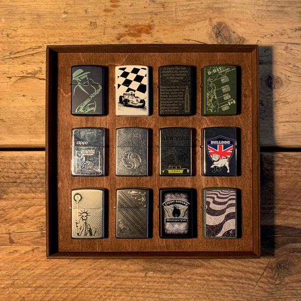 12 Zippo Lighter wall display frame - Display & use your Zippo’s easily - Unique design - Magnetic - real wood - zippo case - zippo display