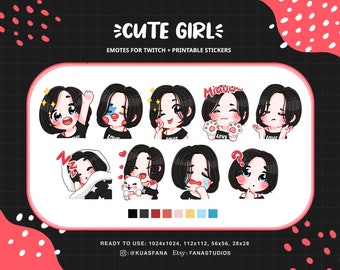 Süße schwarzhaarige Mädchen Emotes - Kawaii Twitch/Discord Sticker (Digitaler Download)