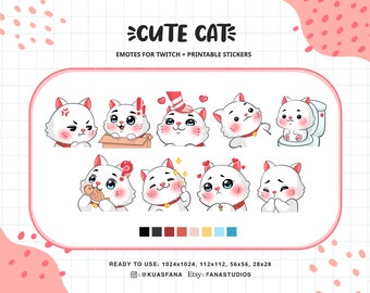 Cute White Cat - Emotes for Twitch (Twitch/Discord) - Printable Stickers