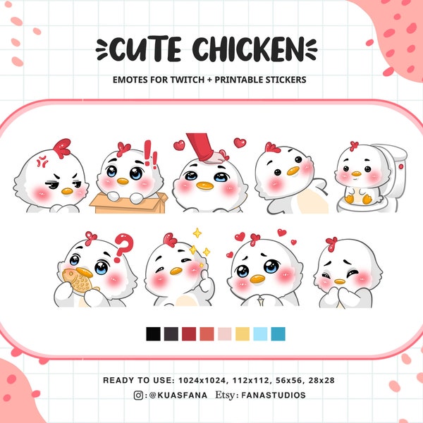 Cute Chicken - Emotes for Twitch (Twitch/Discord) - Printable Stickers