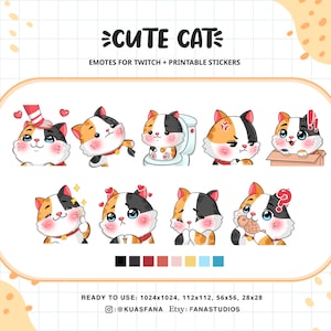 May include: A set of 10 cute cat emoticons with different expressions, including blushing, surprised, and eating fish. The emoticons are designed for Twitch and can be printed as stickers. The text "CUTE CAT" is at the top of the image.