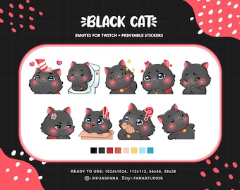 Cute Black Cat - Emotes for Twitch (Twitch/Discord) - Printable Stickers