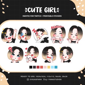 Cute Black & Blonde Hair Girl - Emotes for Twitch (Twitch/Discord) - Printable Stickers