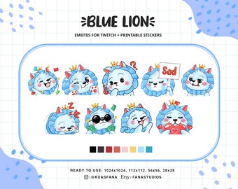 Cute Blue Lion Emotes – Twitch/Discord Streaming, Printable Stickers (Digital Download)
