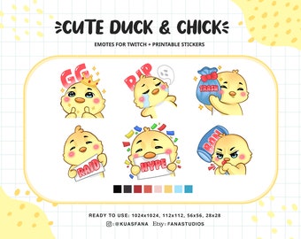 Cute Duck & Chick - Raid, GG, RIP, Trash, Hype, BAN -Emotes for Twitch (Twitch/Discord) - Printable Stickers