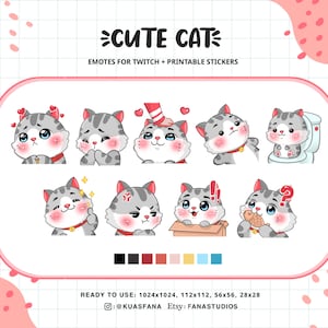 Cute Grey Cat - Emotes for Twitch (Twitch/Discord) - Printable Stickers