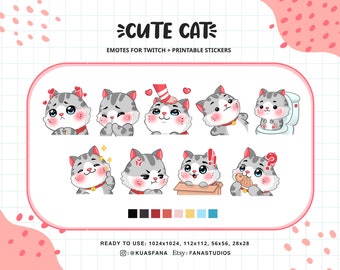 Cute Grey Cat - Emotes for Twitch (Twitch/Discord) - Printable Stickers