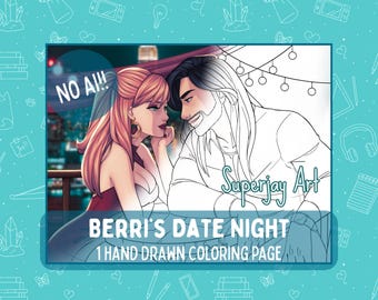 Romantic Couple Date Night Coloring Page, Detailed Hand Drawn Printable for Adults, PNG & PDF
