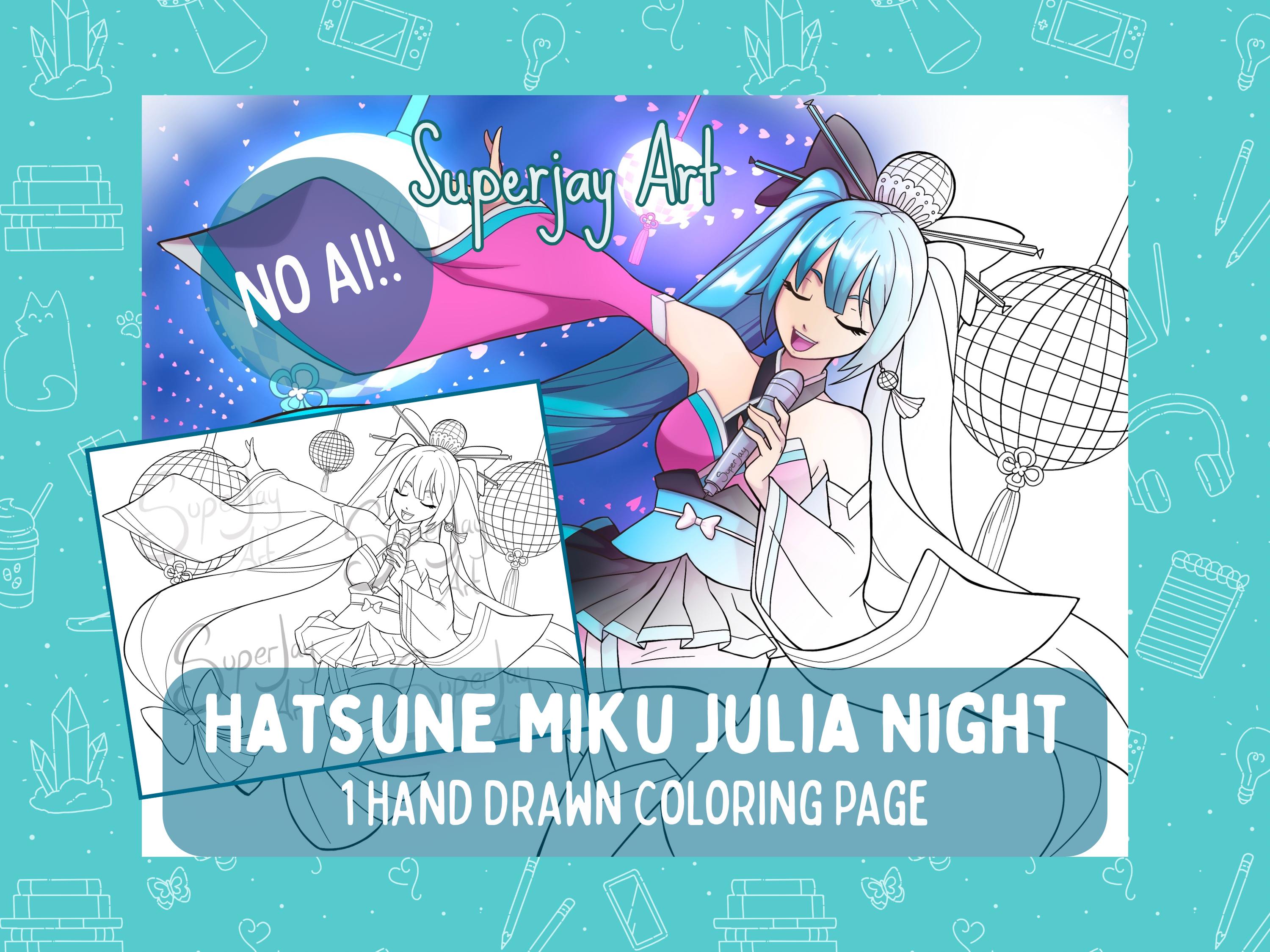 Hatsune Miku Coloring Page, Kawaii Vocaloid Line Art (PNG & PDF