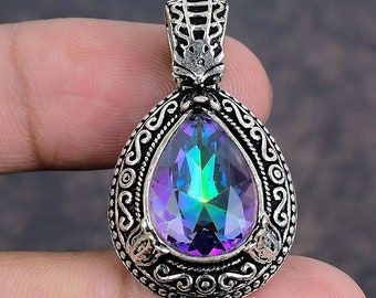 Mystic Topaz Pendant 925 Sterling Silver Gemstone Pendant Silver Jewelry For Birthday Gift Handmade Healing Stone Pendant, Christmas Gift