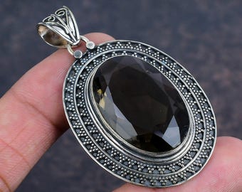Pendentif Ancien En Argent 835 Et Quartz Fumé / Topaze - Taille XXXL - Occasion Très Bon état