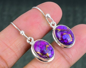 Purple Copper Turquoise Earring 925 Sterling Silver Earrings Real Gemstone Jewelry Handmade Earring Anniversary Gift Silver Jewelry For Wife