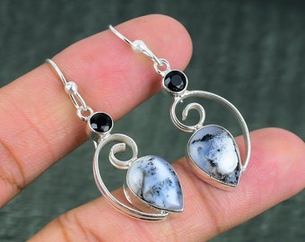 Dendrite Opal, Black Spinel 925 Sterling Silver Earrings Real Gemstone Handmade Earring Gift For Girl Jewelry Brand New Earring