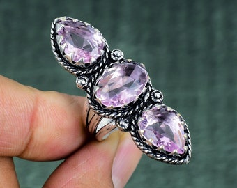 クンツァイトリング、925ソリッドスターリングシルバーリング、メンズ