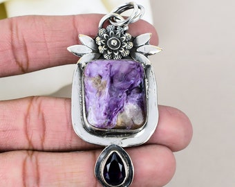 Charoite, Amethyst Natural Gemstone 925 Sterling Silver Pendant Jewelry, Handmade Jewelry Unique Stylish Designer Pendant Wedding Gift