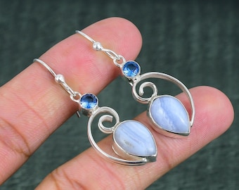 Blue Lace Agate, Tanzanite Earring Genuine Gemstone Jewelry 925 Sterling Silver Earrings Handmade Lovely Earring Anniversary Gift For Love