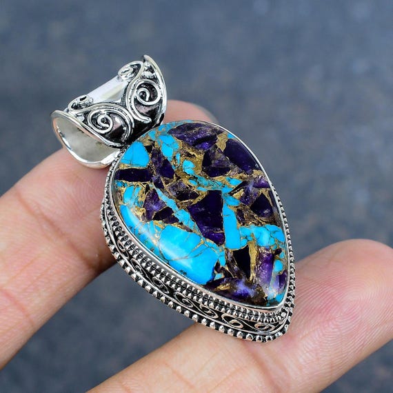 Copper Amethyst Turquoise Gemstone 925 Sterling Silver Pendant