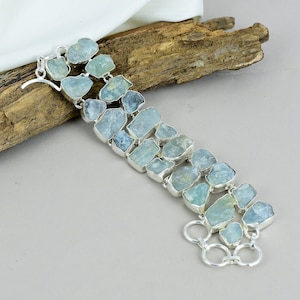 Rough Aquamarine Bracelet, 925 Sterling Silver Bracelet, Adjustable Chain Bracelet, Natural Gemstone, Bracelet Handmade Jewelry Wedding Gift