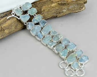 Raue Aquamarin Armband, 925 Sterling Silber Armband, verstellbare Kette Armband, natürlicher Edelstein, Armband handgemachter Schmuck Hochzeitsgeschenk