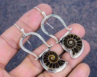Ammonite Fossil 925 Sterling Silver Earrings Gemstone Jewelry Handmade Very Pretty Earring Anniversary Gift Silver Jewelry For Her
