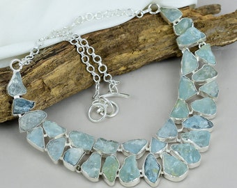 Natural Rough Aquamarine Necklace, 925 Sterling Silver Necklace, Adjustable Chain Necklace, Unique Necklace Handmade Jewelry Engagement Gift