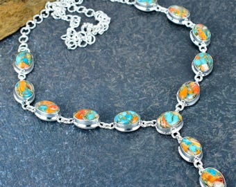 Orange Spiny Oyster Necklace 925 Sterling Silver Necklace Gemstone Jewelry Adjustable Chain Elegant Necklace Handmade Jewelry Gift For Wife