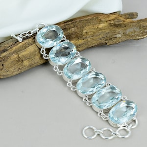 Faceted Aquamarine Bracelet, 925 Sterling Silver Bracelet, Adjustable Chain Bracelet, Gorgeous Bracelet Handmade Jewelry For Engagement Gift