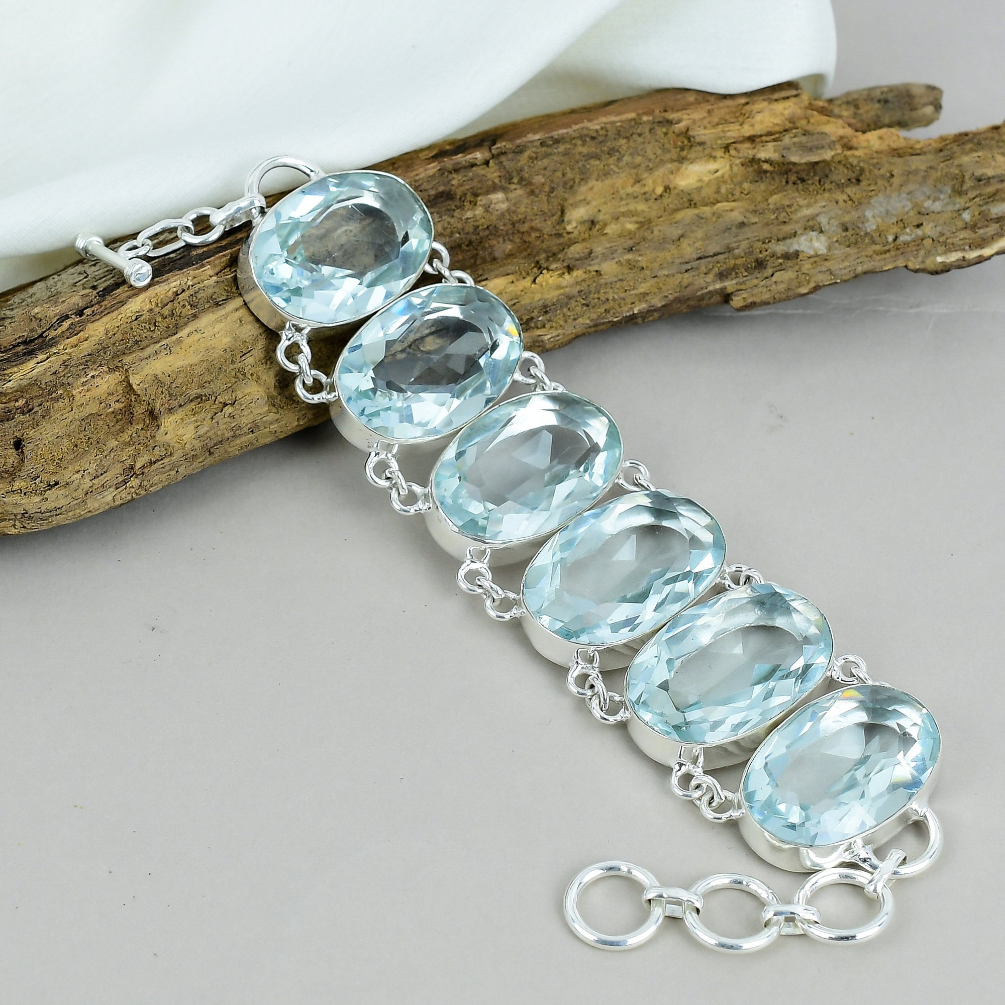 Facettiertes Aquamarin-Armband, 925 Sterlingsilber-Armband, verstellbares Kettenarmband, wunderschönes Armband handgemachter Schmuck für Verlobungsgeschenk