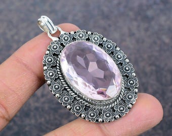 Faceted Pink Kunzite, Gemstone 925 Sterling Silver Pendant Jewelry, Handmade Jewelry Pendant Gift For Her, Gift For Wife, Anniversary Gift