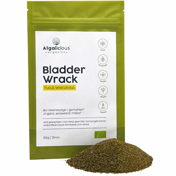 ALGALICIOUS Bio Bladderwrack Flakes | 50 g | Fucus Versiculous Algen Flocken aus dem Nord Atlantik | Blasentang ist reich an Jod
