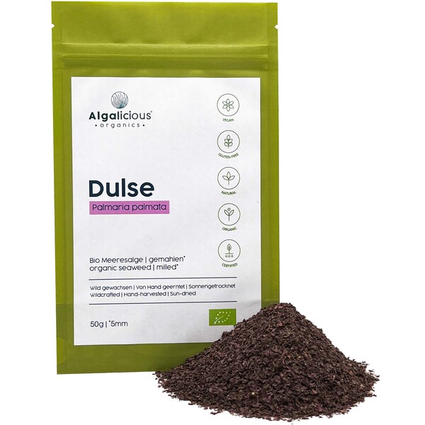 ALGALICIOUS Bio Dulse Flocken - 50 g – Algen Flakes wild gewachsen aus dem Nord Atlantik – Lappentang ist reich an Mineralstoffen & Protein