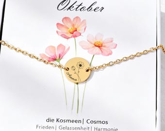 Geboortebloemarmband met naam- en geboortedatumgravure – gepersonaliseerde cadeauarmband in geschenkdoos.