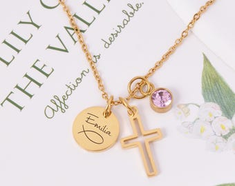 Konfirmation Kette Mädchen – personalisierte Kette mit Kreuz & Geburtsstein, Geschenk zu Taufe, Kommunion, Firmung oder Jugendweihe