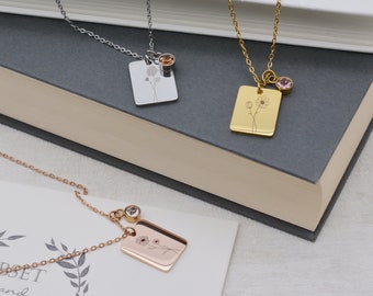 Personalized necklace with birthstone, pendant rectangular with engraving