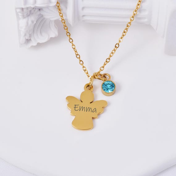 Collier Ange Gardien Personnalisable - Or Rose Acier Inoxydable - Avec Pierre De Naissance - Cadeau Baptême, Communion