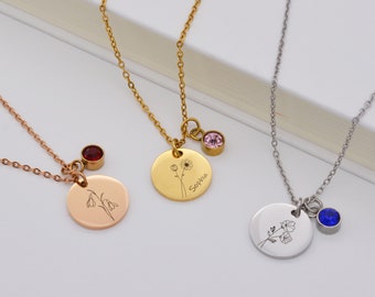 Birth Flower Necklace, Birthstone Necklace, Engraved Necklace, Personalized Necklace, Zodiac Necklace, Engraved Jewelry
