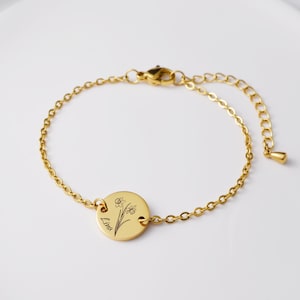 Bracciale con fiori di nascita, braccialetto con segno zodiacale, gioielli incisi, incisione di nome e data
