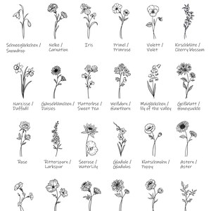 May include: A black and white line drawing illustration of 16 different flowers. The flowers are labeled in both German and English. The flowers include snowdrop, carnation, iris, primrose, violet, cherry blossom, daffodil, daisies, sweet pea, hawthorn, lily of the valley, honeysuckle, rose, larkspur, water lily, gladiolus, poppy, aster, morning glory, cosmos, marigold, chrysanthemum, peony, and holly.