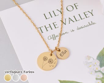 Personalized necklace with engraving, birth flower necklace, individual gift for birth and baptism, for mom and baby, christening gift