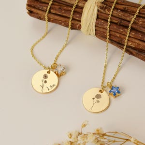 Star birthstone necklace with name & flower, personalized engraving name necklace, special gift for her