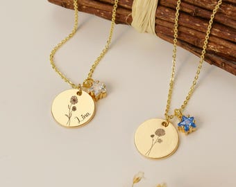 Star birthstone necklace with name & flower, personalized engraving name necklace, special gift for her