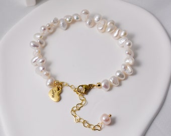 Personalisiertes Barock Süßwasserperlen Armband, Valentinstag Geschenk, Name Armband mit Gravur, Gold Kette mit Wunschname