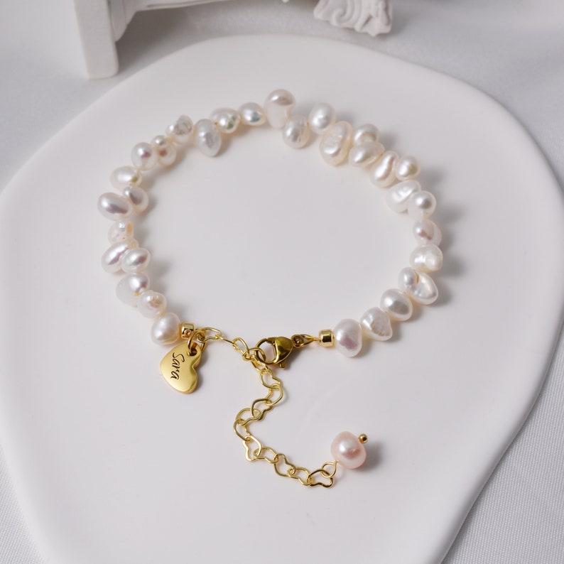 Personalisiertes Barock Süßwasserperlen Armband, Valentinstag Geschenk, Name Armband mit Gravur, Gold Kette mit Wunschname mit Gravur