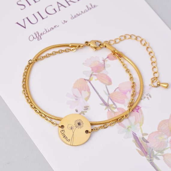 Personalisiertes Armband, Edelstahl Armband doppellagig, Verstellbares Armband mit Anhänger, Geburtstagsblume oder Sternzeichen Gravur