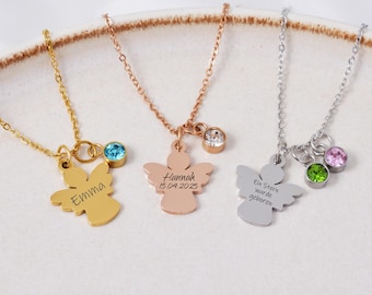 Guardian angel necklace with birthstone, baptism gift, communion gift, back to school gift, lucky charm for children & girls